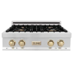 ZLINE Autograph Edition 30 In. Legacy Gas Rangetop With 4 Burners And Porcelain Cooktop In Stainless Steel With Polished Gold Accents (RTZ-30-G)(Zline Autograph Edition 30 Legacy Gas Rangetop Stainless Steel Gold Rtz 30 G)