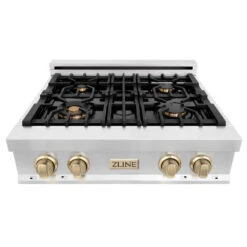 ZLINE Autograph Edition 30 In. Legacy Gas Rangetop With 4 Burners And Porcelain Cooktop In Stainless Steel With Polished Gold Accents (RTZ-30-G)(Zline Autograph Edition 30 Legacy Gas Rangetop Stainless Steel Gold Rtz 30 G) 13 ZLINE Autograph Edition 30 In. Legacy Gas Rangetop With 4 Burners And Porcelain Cooktop In Stainless Steel With Polished Gold Accents (RTZ-30-G)(Zline Autograph Edition 30 Legacy Gas Rangetop Stainless Steel Gold Rtz 30 G) -Induction Cooktop Store zline professional stainless steel gas rangetop RTZ 30 G top
