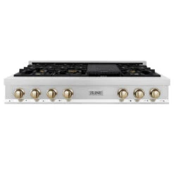 ZLINE Autograph Edition 48 In. Legacy Gas Rangetop With 7 Burners And Porcelain Cooktop In Stainless Steel With Polished Gold Accents (RTZ-48-G)(Zline Autograph Edition 48 Legacy Gas Rangetop Stainless Steel Polished Gold Rtz 48 G)
