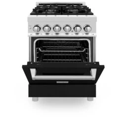 ZLINE 24 In. 2.8 Cu. Ft. Legacy Dual Fuel Range With 4 Burner Gas Cooktop And Electric Convection Oven In Stainless Steel And Black Matte Door (RA-BLM-24)(Zline 24 Legacy Dual Fuel Range Stainless Steel Black Matte Ra Blm 24) -Induction Cooktop Store zline professional stainless steel range RA BLM 24 front half open fc2ea8f8 7880 4b85 995b af33a898cdfc