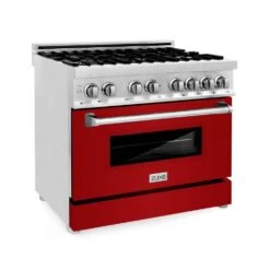ZLINE 36 In. 4.6 Cu. Ft. Legacy Dual Fuel Range With 6 Burner Gas Cooktop And Electric Convection Oven In Stainless Steel And Red Gloss Door (RA-RG-36)(Zline 36 Legacy Dual Fuel Range Stainless Steel Red Gloss Ra Rg 36)