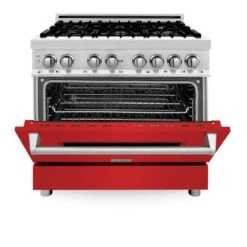 ZLINE 36 In. 4.6 Cu. Ft. Legacy Dual Fuel Range With 6 Burner Gas Cooktop And Electric Convection Oven In Stainless Steel And Red Matte Door (RA-RM-36)(Zline 36 Legacy Dual Fuel Range Stainless Steel Red Matte Ra Rm 36) -Induction Cooktop Store zline professional stainless steel range RA RM 36 front half open 6441014b 5a1a 44fe 9189 2bcc6bb2156c