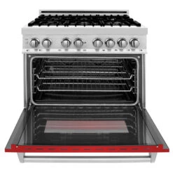ZLINE 36 In. 4.6 Cu. Ft. Legacy Dual Fuel Range With 6 Burner Gas Cooktop And Electric Convection Oven In Stainless Steel And Red Matte Door (RA-RM-36)(Zline 36 Legacy Dual Fuel Range Stainless Steel Red Matte Ra Rm 36) -Induction Cooktop Store zline professional stainless steel range RA RM 36 front open 29a13503 f9c5 4363 8b4f 3cd4461ae43d