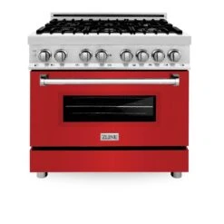 ZLINE 36 In. 4.6 Cu. Ft. Legacy Dual Fuel Range With 6 Burner Gas Cooktop And Electric Convection Oven In Stainless Steel And Red Matte Door (RA-RM-36)(Zline 36 Legacy Dual Fuel Range Stainless Steel Red Matte Ra Rm 36) -Induction Cooktop Store zline professional stainless steel range RA RM 36 front 2218d6a8 34fd 4dcc 984c 0aeea0677562