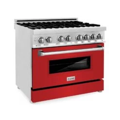 ZLINE 36 In. 4.6 Cu. Ft. Legacy Dual Fuel Range With 6 Burner Gas Cooktop And Electric Convection Oven In Stainless Steel And Red Matte Door (RA-RM-36)(Zline 36 Legacy Dual Fuel Range Stainless Steel Red Matte Ra Rm 36)