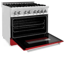 ZLINE 36 In. 4.6 Cu. Ft. Legacy Dual Fuel Range With 6 Burner Gas Cooktop And Electric Convection Oven In Stainless Steel And Red Matte Door (RA-RM-36)(Zline 36 Legacy Dual Fuel Range Stainless Steel Red Matte Ra Rm 36) -Induction Cooktop Store zline professional stainless steel range RA RM 36 side open 95c83094 65a9 4caa 86a3 b6d10f095875
