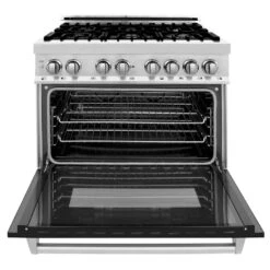 ZLINE 36 In. Kitchen Package With Stainless Steel Dual Fuel Range With Black Matte Door And Convertible Vent Range Hood (2KP-RABLMRH36)(Zline 36 Kitchen Package Stainless Steel Black Matte 2kp Rablmrh36) -Induction Cooktop Store zline professional stainless steel range RA36 front open fe78c716 7f62 48a7 a612 6c34e46227ef