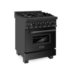 ZLINE 24 In. 2.8 Cu. Ft. Legacy Dual Fuel Range With Gas Cooktop And Electric Convection Oven In Black Stainless Steel With 4 Brass Burners (RAB-BR-24)(Zline 24 Legacy Dual Fuel Range Black Stainless Steel Brass Burners Rab Br 24)