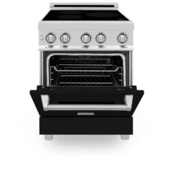 ZLINE 24 In. 2.8 Cu. Ft. Legacy Induction Range With 4 Element Cooktop And Electric Oven In Stainless Steel And Black Matte Door (RAIND-BLM-24)(Zline 24 Induction Range Stainless Steel Black Matte Raind Blm 24) -Induction Cooktop Store zline professional stainless steel range RAIND BLM 24 front half open