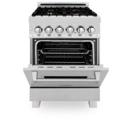 ZLINE 24 In. 2.8 Cu. Ft. Legacy Dual Fuel Range With Gas Cooktop And Electric Convection Oven In Satin Stainless Steel With 4 Brass Burners (RAS-SN-BR-24)(Zline 24 Legacy Dual Fuel Range Satin Stainless Steel Brass Burners Ras Sn Br 24) 23 ZLINE 24 In. 2.8 Cu. Ft. Legacy Dual Fuel Range With Gas Cooktop And Electric Convection Oven In Satin Stainless Steel With 4 Brass Burners (RAS-SN-BR-24)(Zline 24 Legacy Dual Fuel Range Satin Stainless Steel Brass Burners Ras Sn Br 24) -Induction Cooktop Store zline professional stainless steel range RAS SN BR 24 front half open