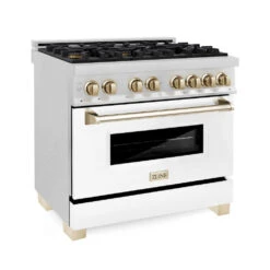 ZLINE Autograph Edition 36 In. 4.6 Cu. Ft. Legacy Dual Fuel Range With 6 Burner Gas Cooktop And Electric Convection Oven In Satin Stainless Steel With White Matte Door And Polished Gold Accents (RASZ-WM-36-G)(Zline Autograph Edition 36 Legacy Dual Fuel Range Satin Stainless Steel White Matte Gold Rasz Wm 36 G)