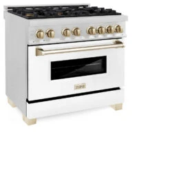 ZLINE Autograph Edition 36 In. 4.6 Cu. Ft. Legacy Dual Fuel Range With 6 Burner Gas Cooktop And Electric Convection Oven In Satin Stainless Steel With White Matte Door And Polished Gold Accents (RASZ-WM-36-G)(Zline Autograph Edition 36 Legacy Dual Fuel Range Satin Stainless Steel White Matte Gold Rasz Wm 36 G) -Induction Cooktop Store zline professional stainless steel range RASZ WM 36 G main