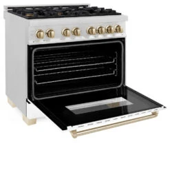 ZLINE Autograph Edition 36 In. 4.6 Cu. Ft. Legacy Dual Fuel Range With 6 Burner Gas Cooktop And Electric Convection Oven In Satin Stainless Steel With White Matte Door And Polished Gold Accents (RASZ-WM-36-G)(Zline Autograph Edition 36 Legacy Dual Fuel Range Satin Stainless Steel White Matte Gold Rasz Wm 36 G) -Induction Cooktop Store zline professional stainless steel range RASZ WM 36 G side open