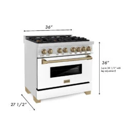 ZLINE Autograph Edition 36 In. Kitchen Package With Stainless Steel Dual Fuel Range With White Matte Door, Range Hood And Dishwasher With Champagne Bronze Accents (3AKP-RAWMRHDWM36-CB)(Zline Autograph Edition 36 Kitchen Package Stainless Steel White Matte Champagne Bronze 3akp Rawmrhdwm36 Cb) -Induction Cooktop Store zline professional stainless steel range RAZ WM 36 CB dimensional graphic 01 1