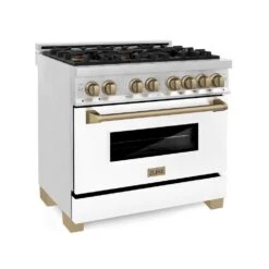 ZLINE Autograph Edition 36 In. 4.6 Cu. Ft. Legacy Dual Fuel Range With 6 Burner Gas Cooktop And Electric Convection Oven In Stainless Steel With White Matte Door And Champagne Bronze Accents (RAZ-WM-36-CB)(Zline Autograph Edition 36 Legacy Dual Fuel Range Stainless Steel White Matte Champagne Bronze Raz Wm 36 Cb)