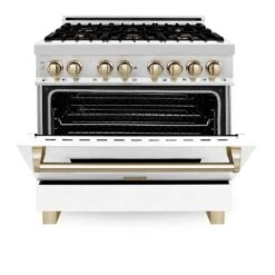 ZLINE Autograph Edition 36 In. 4.6 Cu. Ft. Legacy Dual Fuel Range With 6 Burner Gas Cooktop And Electric Convection Oven In Stainless Steel With White Matte Door And Polished Gold Accents (RAZ-WM-36-G)(Zline Autograph Edition 36 Legacy Dual Fuel Range Stainless Steel White Matte Gold Raz Wm 36 G) 21 ZLINE Autograph Edition 36 In. 4.6 Cu. Ft. Legacy Dual Fuel Range With 6 Burner Gas Cooktop And Electric Convection Oven In Stainless Steel With White Matte Door And Polished Gold Accents (RAZ-WM-36-G)(Zline Autograph Edition 36 Legacy Dual Fuel Range Stainless Steel White Matte Gold Raz Wm 36 G) -Induction Cooktop Store zline professional stainless steel range RAZ WM 36 G front half open 107c992e 9e90 4481 84ad adbc8c3e2e6c