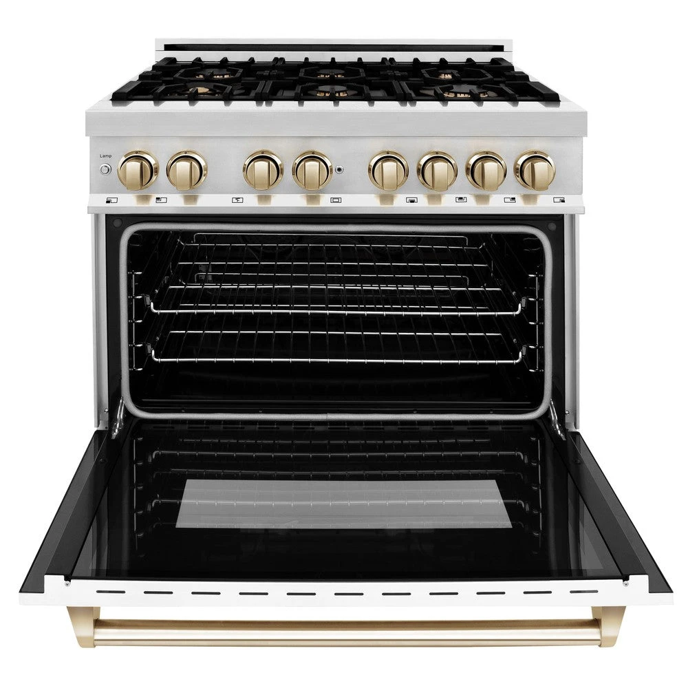 ZLINE Autograph Edition 36 In. 4.6 Cu. Ft. Legacy Dual Fuel Range With 6 Burner Gas Cooktop And Electric Convection Oven In Stainless Steel With White Matte Door And Polished Gold Accents (RAZ-WM-36-G)(Zline Autograph Edition 36 Legacy Dual Fuel Range Stainless Steel White Matte Gold Raz Wm 36 G) 7 ZLINE Autograph Edition 36 In. 4.6 Cu. Ft. Legacy Dual Fuel Range With 6 Burner Gas Cooktop And Electric Convection Oven In Stainless Steel With White Matte Door And Polished Gold Accents (RAZ-WM-36-G)(Zline Autograph Edition 36 Legacy Dual Fuel Range Stainless Steel White Matte Gold Raz Wm 36 G) - Image 7