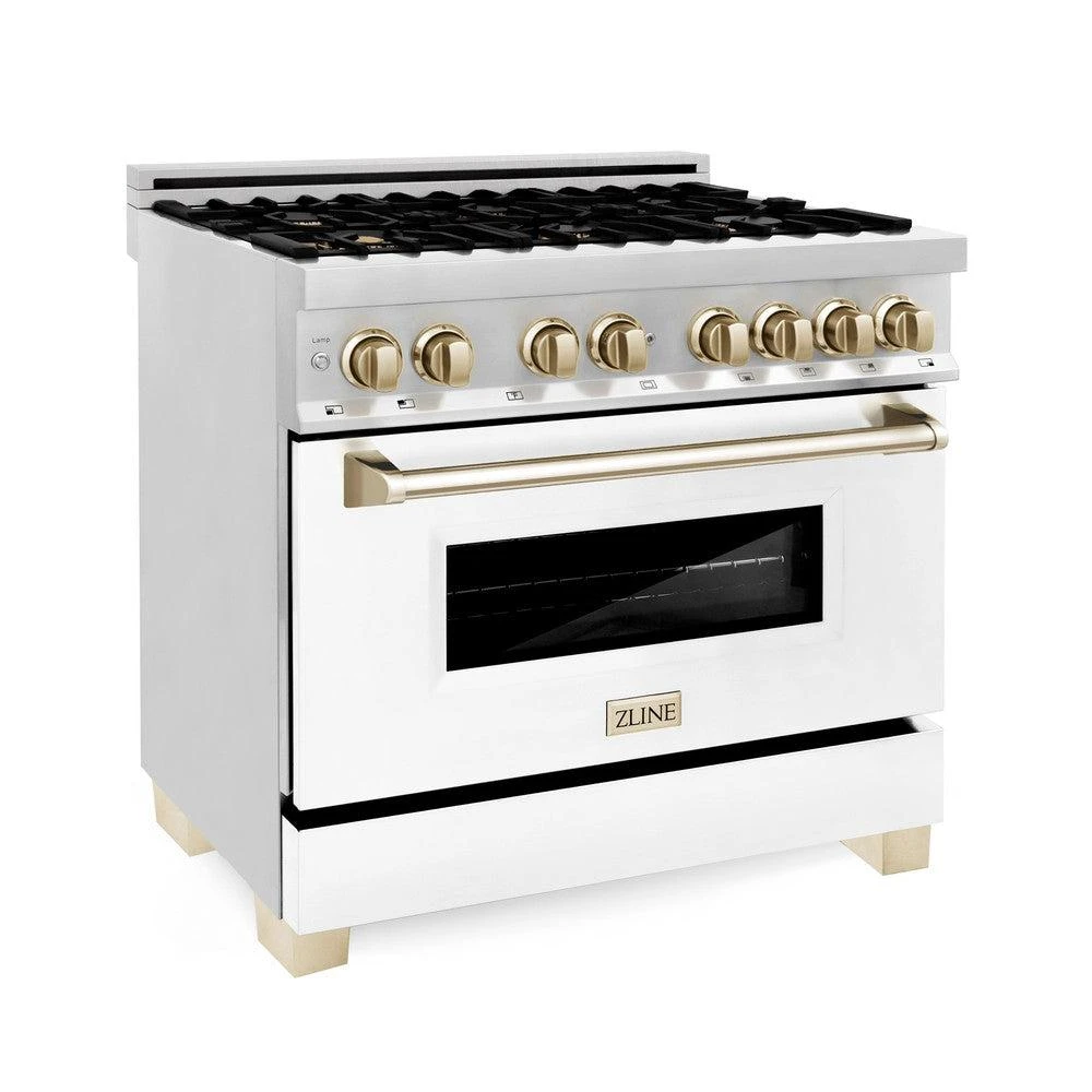 ZLINE Autograph Edition 36 In. 4.6 Cu. Ft. Legacy Dual Fuel Range With 6 Burner Gas Cooktop And Electric Convection Oven In Stainless Steel With White Matte Door And Polished Gold Accents (RAZ-WM-36-G)(Zline Autograph Edition 36 Legacy Dual Fuel Range Stainless Steel White Matte Gold Raz Wm 36 G) 1 ZLINE Autograph Edition 36 In. 4.6 Cu. Ft. Legacy Dual Fuel Range With 6 Burner Gas Cooktop And Electric Convection Oven In Stainless Steel With White Matte Door And Polished Gold Accents (RAZ-WM-36-G)(Zline Autograph Edition 36 Legacy Dual Fuel Range Stainless Steel White Matte Gold Raz Wm 36 G)