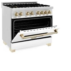 ZLINE Autograph Edition 36 In. Kitchen Package With Stainless Steel Dual Fuel Range With White Matte Door, Range Hood And Dishwasher With Polished Gold Accents (3AKP-RAWMRHDWM36-G)(Zline Autograph Edition 36 Kitchen Package Stainless Steel White Matte Gold 3akp Rawmrhdwm36 G) -Induction Cooktop Store zline professional stainless steel range RAZ WM 36 G side half open 1