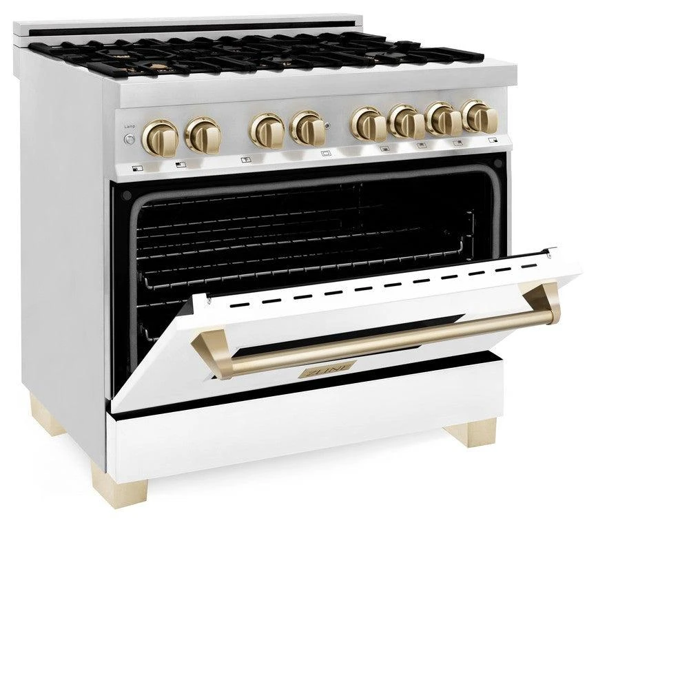 ZLINE Autograph Edition 36 In. 4.6 Cu. Ft. Legacy Dual Fuel Range With 6 Burner Gas Cooktop And Electric Convection Oven In Stainless Steel With White Matte Door And Polished Gold Accents (RAZ-WM-36-G)(Zline Autograph Edition 36 Legacy Dual Fuel Range Stainless Steel White Matte Gold Raz Wm 36 G) 3 ZLINE Autograph Edition 36 In. 4.6 Cu. Ft. Legacy Dual Fuel Range With 6 Burner Gas Cooktop And Electric Convection Oven In Stainless Steel With White Matte Door And Polished Gold Accents (RAZ-WM-36-G)(Zline Autograph Edition 36 Legacy Dual Fuel Range Stainless Steel White Matte Gold Raz Wm 36 G) - Image 3