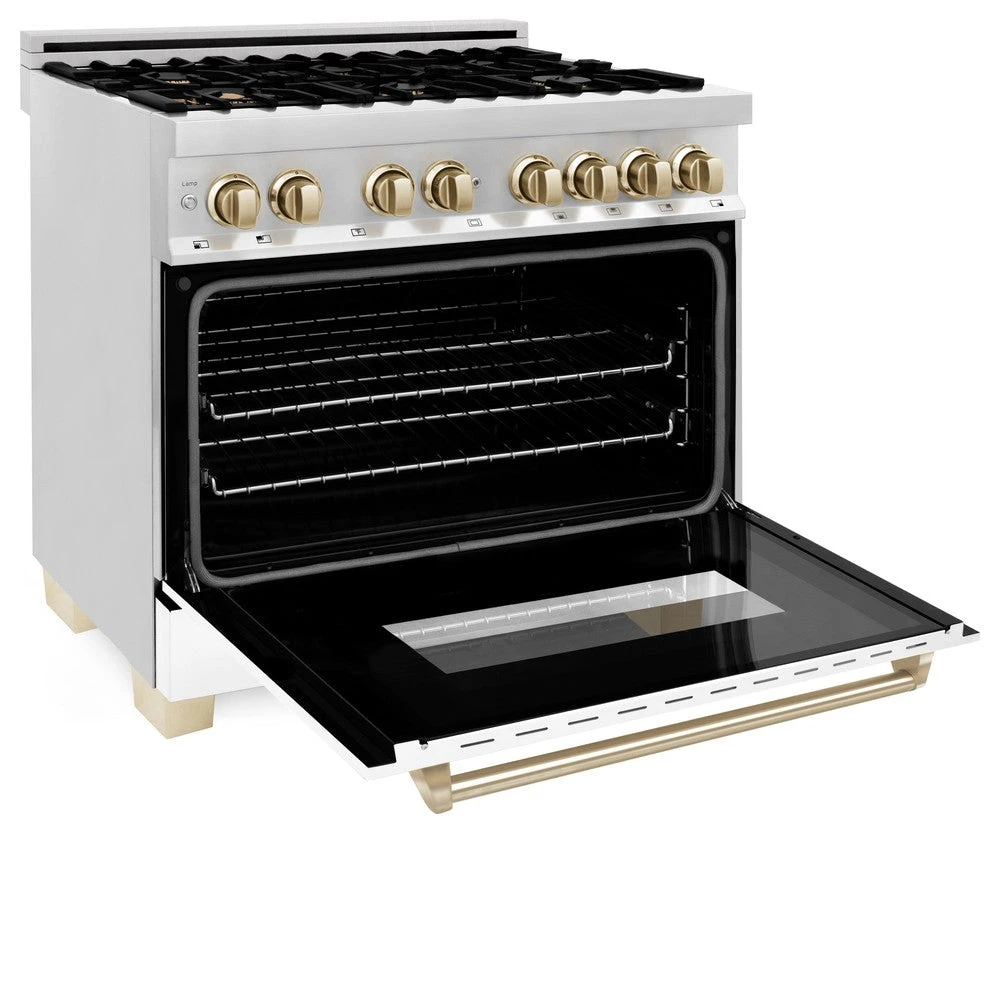 ZLINE Autograph Edition 36 In. 4.6 Cu. Ft. Legacy Dual Fuel Range With 6 Burner Gas Cooktop And Electric Convection Oven In Stainless Steel With White Matte Door And Polished Gold Accents (RAZ-WM-36-G)(Zline Autograph Edition 36 Legacy Dual Fuel Range Stainless Steel White Matte Gold Raz Wm 36 G) 4 ZLINE Autograph Edition 36 In. 4.6 Cu. Ft. Legacy Dual Fuel Range With 6 Burner Gas Cooktop And Electric Convection Oven In Stainless Steel With White Matte Door And Polished Gold Accents (RAZ-WM-36-G)(Zline Autograph Edition 36 Legacy Dual Fuel Range Stainless Steel White Matte Gold Raz Wm 36 G) - Image 4