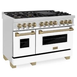 ZLINE Autograph Edition 48 In. 6.0 Cu. Ft. Legacy Dual Fuel Range With 7 Burner Gas Cooktop And 2 Electric Ovens In Stainless Steel With White Matte Doors And Champagne Bronze Accents (RAZ-WM-48-CB)(Zline Autograph Edition 48 Legacy Dual Fuel Range Stainless Steel White Matte Champagne Bronze Raz Wm 48 Cb)