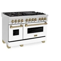 ZLINE Autograph Edition 48 In. 6.0 Cu. Ft. Legacy Dual Fuel Range With 7 Burner Gas Cooktop And 2 Electric Ovens In Stainless Steel With White Matte Doors And Champagne Bronze Accents (RAZ-WM-48-CB)(Zline Autograph Edition 48 Legacy Dual Fuel Range Stainless Steel White Matte Champagne Bronze Raz Wm 48 Cb) -Induction Cooktop Store zline professional stainless steel range RAZ WM 48 CB main