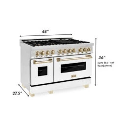 ZLINE Autograph Edition 48 In. Kitchen Package With Stainless Steel Dual Fuel Range With White Matte Door, Range Hood And Dishwasher With Polished Gold Accents (3AKP-RAWMRHDWM48-G)(Zline Autograph Edition 48 Kitchen Package Stainless Steel White Matte Polished Gold 3akp Rawmrhdwm48 G) -Induction Cooktop Store zline professional stainless steel range RAZ WM 48 G dimensional 1