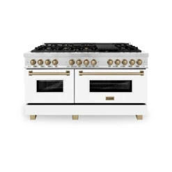 ZLINE Autograph Edition 60 In. 7.4 Cu. Ft. Legacy Dual Fuel Range With 9 Burner Gas Cooktop And 2 Electric Convection Ovens In Stainless Steel With White Matte Doors And Champagne Bronze Accents (RAZ-WM-60-CB)(Zline Autograph Edition 60 Legacy Dual Fuel Range Stainless Steel White Matte Champagne Bronze Raz Wm 60 Cb) -Induction Cooktop Store zline professional stainless steel range RAZ WM 60 CB front 80e0c46b ae7b 46c7 a520 fb162a2a69a9