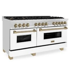ZLINE Autograph Edition 60 In. 7.4 Cu. Ft. Legacy Dual Fuel Range With 9 Burner Gas Cooktop And 2 Electric Convection Ovens In Stainless Steel With White Matte Doors And Champagne Bronze Accents (RAZ-WM-60-CB)(Zline Autograph Edition 60 Legacy Dual Fuel Range Stainless Steel White Matte Champagne Bronze Raz Wm 60 Cb)
