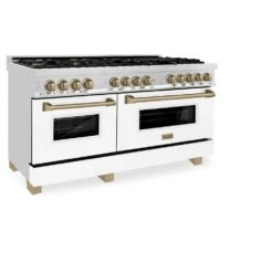 ZLINE Autograph Edition 60 In. 7.4 Cu. Ft. Legacy Dual Fuel Range With 9 Burner Gas Cooktop And 2 Electric Convection Ovens In Stainless Steel With White Matte Doors And Champagne Bronze Accents (RAZ-WM-60-CB)(Zline Autograph Edition 60 Legacy Dual Fuel Range Stainless Steel White Matte Champagne Bronze Raz Wm 60 Cb) -Induction Cooktop Store zline professional stainless steel range RAZ WM 60 CB main