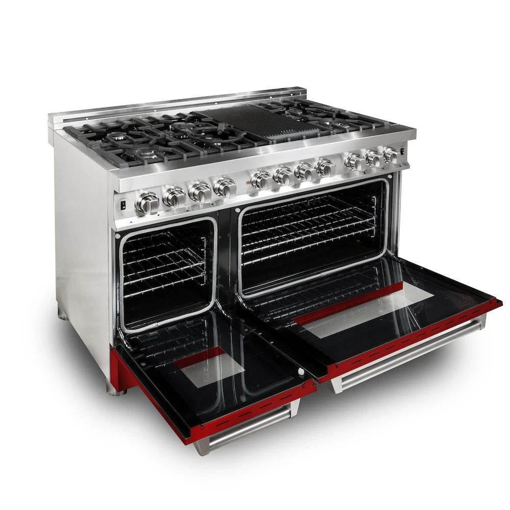ZLINE 48 In. 6.0 Cu. Ft. Legacy Dual Fuel Range With 7 Burner Gas Cooktop And 2 Electric Ovens In Stainless Steel And Red Gloss Doors (RA-RG-48)(Zline 48 Legacy Dual Fuel Range Stainless Steel Red Gloss Ra Rg 48) 4 ZLINE 48 In. 6.0 Cu. Ft. Legacy Dual Fuel Range With 7 Burner Gas Cooktop And 2 Electric Ovens In Stainless Steel And Red Gloss Doors (RA-RG-48)(Zline 48 Legacy Dual Fuel Range Stainless Steel Red Gloss Ra Rg 48) - Image 4