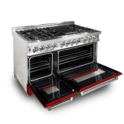 ZLINE 48 In. 6.0 Cu. Ft. Legacy Dual Fuel Range With 7 Burner Gas Cooktop And 2 Electric Ovens In Stainless Steel And Red Matte Doors (RA-RM-48)(Zline 48 Legacy Dual Fuel Range Stainless Steel Red Matte Ra Rm 48) -Induction Cooktop Store zline professional stainless steel red matte dual fuel range RA RM 48 oven