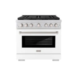 ZLINE 36 In. 5.2 Cu. Ft. Paramount Dual Fuel Range With 6 Burner Gas Cooktop And Electric Convection Oven In Stainless Steel With White Matte Door (SDR-WM-36)(Zline 36 Paramount Dual Fuel Range Stainless Steel White Matte Sdr Wm 36) -Induction Cooktop Store zline professional stainless steel white matte gas range SDR WM 36 front hero