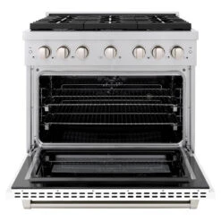 ZLINE 36 In. 5.2 Cu. Ft. Paramount Dual Fuel Range With 6 Burner Gas Cooktop And Electric Convection Oven In Stainless Steel With White Matte Door (SDR-WM-36)(Zline 36 Paramount Dual Fuel Range Stainless Steel White Matte Sdr Wm 36) -Induction Cooktop Store zline professional stainless steel white matte gas range SDR WM 36 front open 4448d7c4 00cb 4846 934e 309e07508dce