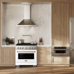 ZLINE 36 In. 5.2 Cu. Ft. Paramount Dual Fuel Range With 6 Burner Gas Cooktop And Electric Convection Oven In Stainless Steel With White Matte Door (SDR-WM-36)(Zline 36 Paramount Dual Fuel Range Stainless Steel White Matte Sdr Wm 36) -Induction Cooktop Store zline professional stainless steel white matte gas range SDR WM 36 lifestyle 1