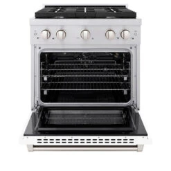 ZLINE 30 In. 4.2 Cu. Ft. Paramount Gas Range With 4 Burner Cooktop And Convection Gas Oven In Stainless Steel With White Matte Door (SGR-WM-30)(Zline 30 Paramount Gas Range Stainless Steel White Matte Sgr Wm 30) 19 ZLINE 30 In. 4.2 Cu. Ft. Paramount Gas Range With 4 Burner Cooktop And Convection Gas Oven In Stainless Steel With White Matte Door (SGR-WM-30)(Zline 30 Paramount Gas Range Stainless Steel White Matte Sgr Wm 30) -Induction Cooktop Store zline professional stainless steel white matte gas range SGR WM 30 front opencopy