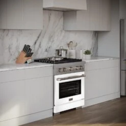 ZLINE 30 In. 4.2 Cu. Ft. Paramount Gas Range With 4 Burner Cooktop And Convection Gas Oven In Stainless Steel With White Matte Door (SGR-WM-30)(Zline 30 Paramount Gas Range Stainless Steel White Matte Sgr Wm 30) 28 ZLINE 30 In. 4.2 Cu. Ft. Paramount Gas Range With 4 Burner Cooktop And Convection Gas Oven In Stainless Steel With White Matte Door (SGR-WM-30)(Zline 30 Paramount Gas Range Stainless Steel White Matte Sgr Wm 30) -Induction Cooktop Store zline professional stainless steel white matte gas range SGR WM 30 lifestyle angledcopy