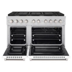ZLINE 48 In. 6.7 Cu. Ft. Paramount Double Oven Gas Range With 8 Burner Cooktop In Stainless Steel With White Matte Doors (SGR-WM-48)(Zline 48 Paramount Gas Range Stainless Steel White Matte Sgr Wm 48) -Induction Cooktop Store zline professional stainless steel white matte gas range SGR WM 48 front opencopy