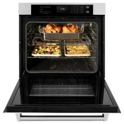 ZLINE 30 In. Professional True Convection Single Wall Oven With Air Fry And Self Clean In Stainless Steel With White Matte Door (WAS-WM-30)(Zline 30 Wall Oven Stainless Steel White Matte Was Wm 30) -Induction Cooktop Store zline professional stainless steel white matte wall oven WAS WM 30 front open food