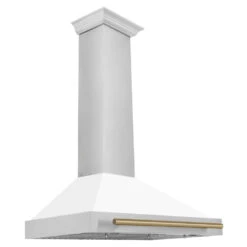ZLINE Autograph Edition 36 In. Convertible Stainless Steel Range Hood With White Matte Shell And Champagne Bronze Accents (KB4STZ-WM36-CB)(Zline Autograph Edition 36 Wall Mount Range Hood Stainless Steel White Matte Champagne Bronze Kb4stz Wm36 Cb)