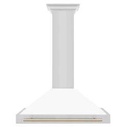 ZLINE Autograph Edition 36 In. Convertible Stainless Steel Range Hood With White Matte Shell And Polished Gold Accents (KB4STZ-WM36-G)(Zline Autograph Edition 36 Wall Mount Range Hood Stainless Steel White Matte Polished Gold Kb4stz Wm36 G) -Induction Cooktop Store zline rangehood stainless KB4STZ WM36 G front