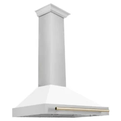 ZLINE Autograph Edition 36 In. Convertible Stainless Steel Range Hood With White Matte Shell And Polished Gold Accents (KB4STZ-WM36-G)(Zline Autograph Edition 36 Wall Mount Range Hood Stainless Steel White Matte Polished Gold Kb4stz Wm36 G)