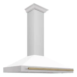 ZLINE Autograph Edition 48 In. Convertible Stainless Steel Range Hood With White Matte Shell And Champagne Bronze Accents (KB4STZ-WM48-CB)(Zline Autograph Edition 48 Wall Mount Range Hood Stainless Steel White Matte Champagne Bronze Kb4stz Wm48 Cb)