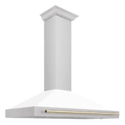 ZLINE Autograph Edition 48 In. Convertible Stainless Steel Range Hood With White Matte Shell And Polished Gold Accents (KB4STZ-WM48-G)(Zline Autograph Edition 48 Wall Mount Range Hood Stainless Steel White Matte Polished Gold Kb4stz Wm48 G)
