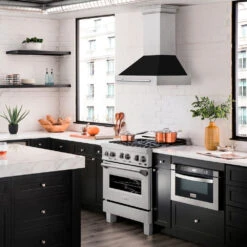 ZLINE 30 In. Satin Stainless Steel Wall Mount Range Hood With Black Matte Shell And Stainless Steel Handle (8654SNX-BLM-30)(Zline 30 Wall Mount Range Hood Satin Stainless Steel Black Matte 8654snx Blm 30) -Induction Cooktop Store zline satin stainless steel black matte wall mount 8654SNX BLM 30 side lifestyle