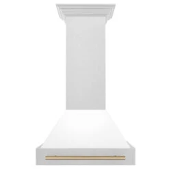 ZLINE Autograph Edition 30 In. Satin Stainless Steel Wall Mount Range Hood With White Matte Shell And Champagne Bronze Handle (8654SNZ-WM30-CB)(Zline Autograph Edition 30 Wall Mount Range Hood Satin Stainless Steel White Matte Champagne Bronze 8654snz Wm30 Cb) -Induction Cooktop Store zline satin stainless steel wall mounted range hood 8654SNZ WM30 CB front 45bf9af7 2425 41aa 91c1 930211d05f92