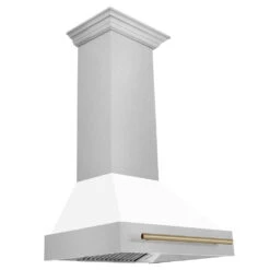 ZLINE Autograph Edition 30 In. Satin Stainless Steel Wall Mount Range Hood With White Matte Shell And Champagne Bronze Handle (8654SNZ-WM30-CB)(Zline Autograph Edition 30 Wall Mount Range Hood Satin Stainless Steel White Matte Champagne Bronze 8654snz Wm30 Cb)