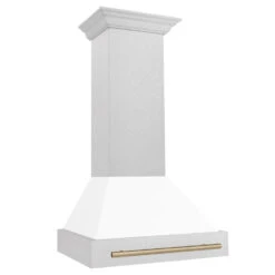 ZLINE Autograph Edition 30 In. Satin Stainless Steel Wall Mount Range Hood With White Matte Shell And Champagne Bronze Handle (8654SNZ-WM30-CB)(Zline Autograph Edition 30 Wall Mount Range Hood Satin Stainless Steel White Matte Champagne Bronze 8654snz Wm30 Cb) -Induction Cooktop Store zline satin stainless steel wall mounted range hood 8654SNZ WM30 CB side bfecae88 3674 49dc 8e17 f49398c14324