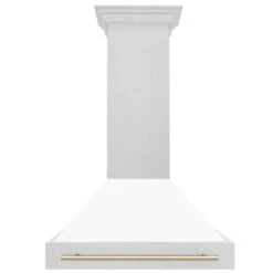 ZLINE Autograph Edition 36 In. Satin Stainless Steel Wall Mount Range Hood With White Matte Shell And Polished Gold Handle (8654SNZ-WM36-G)(Zline Autograph Edition 36 Wall Mount Range Hood Satin Stainless Steel White Matte Polished Gold 8654snz Wm36 G) 11 ZLINE Autograph Edition 36 In. Satin Stainless Steel Wall Mount Range Hood With White Matte Shell And Polished Gold Handle (8654SNZ-WM36-G)(Zline Autograph Edition 36 Wall Mount Range Hood Satin Stainless Steel White Matte Polished Gold 8654snz Wm36 G) -Induction Cooktop Store zline satin stainless steel wall mounted range hood 8654SNZ WM36 G front